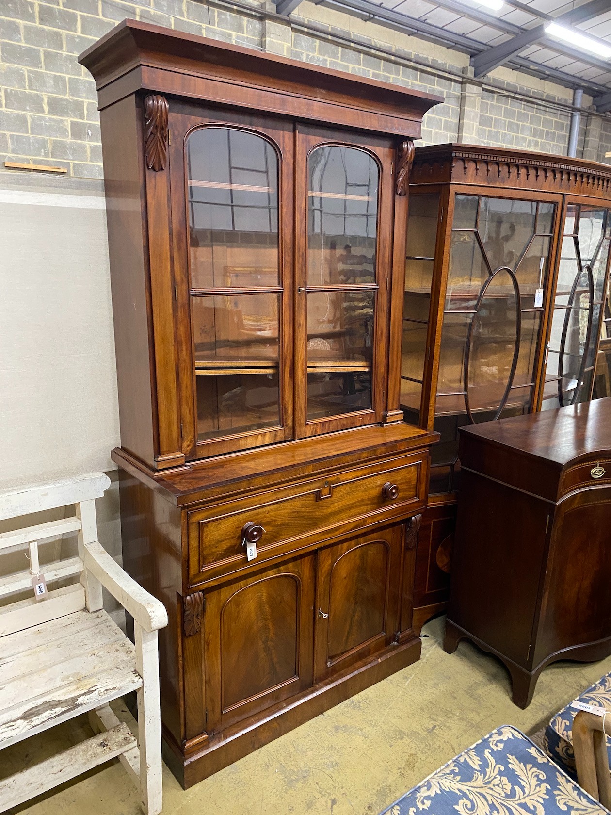 A Victorian banded mahogany secretaire bookcase, length 107cm, depth 47cm, height 212cm